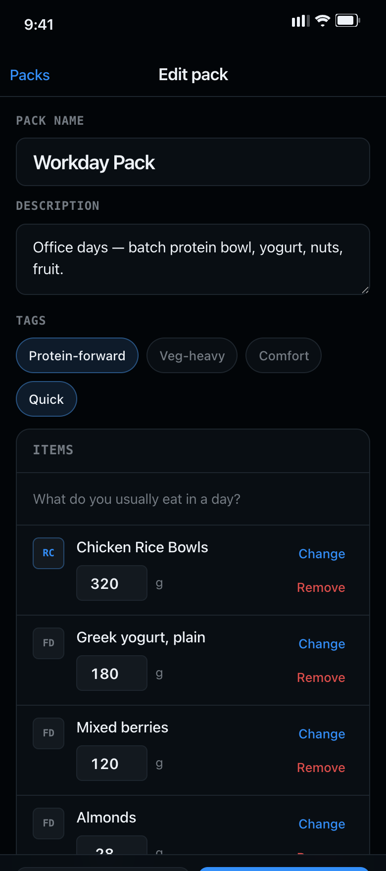 Pack editor showing a Workday Pack with its food items