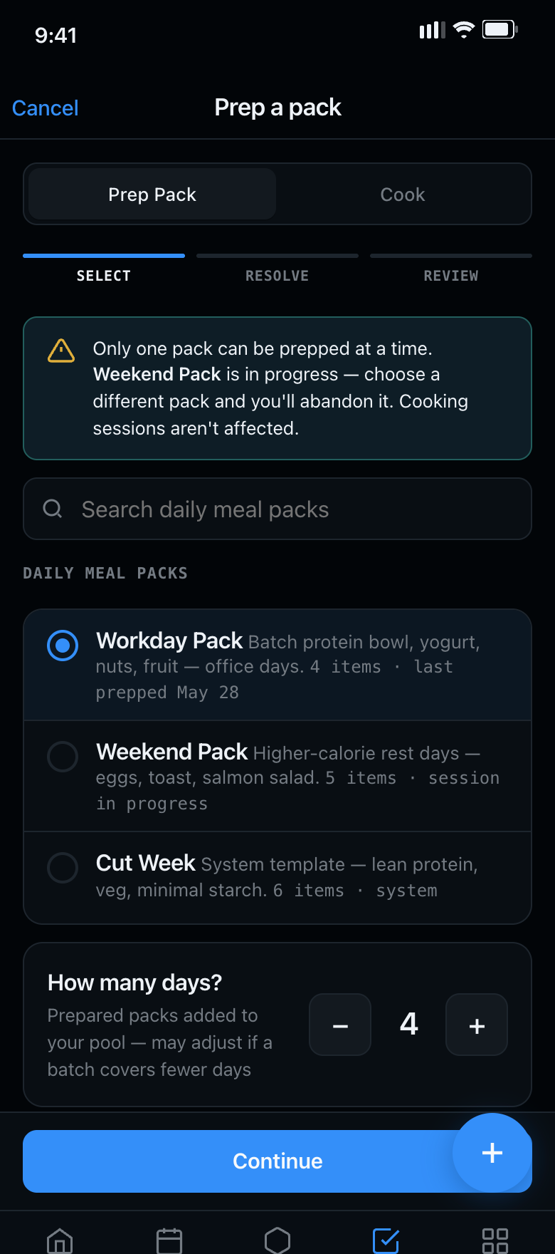 Prep session screen selecting a meal pack