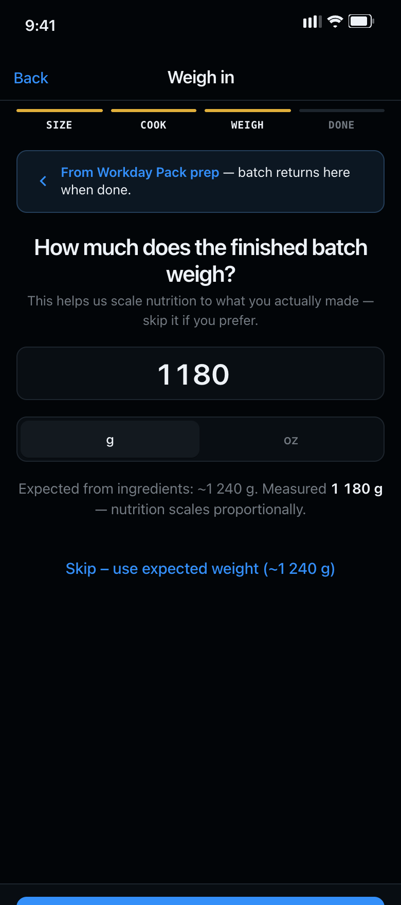 Cooking session post-cook weigh-in screen