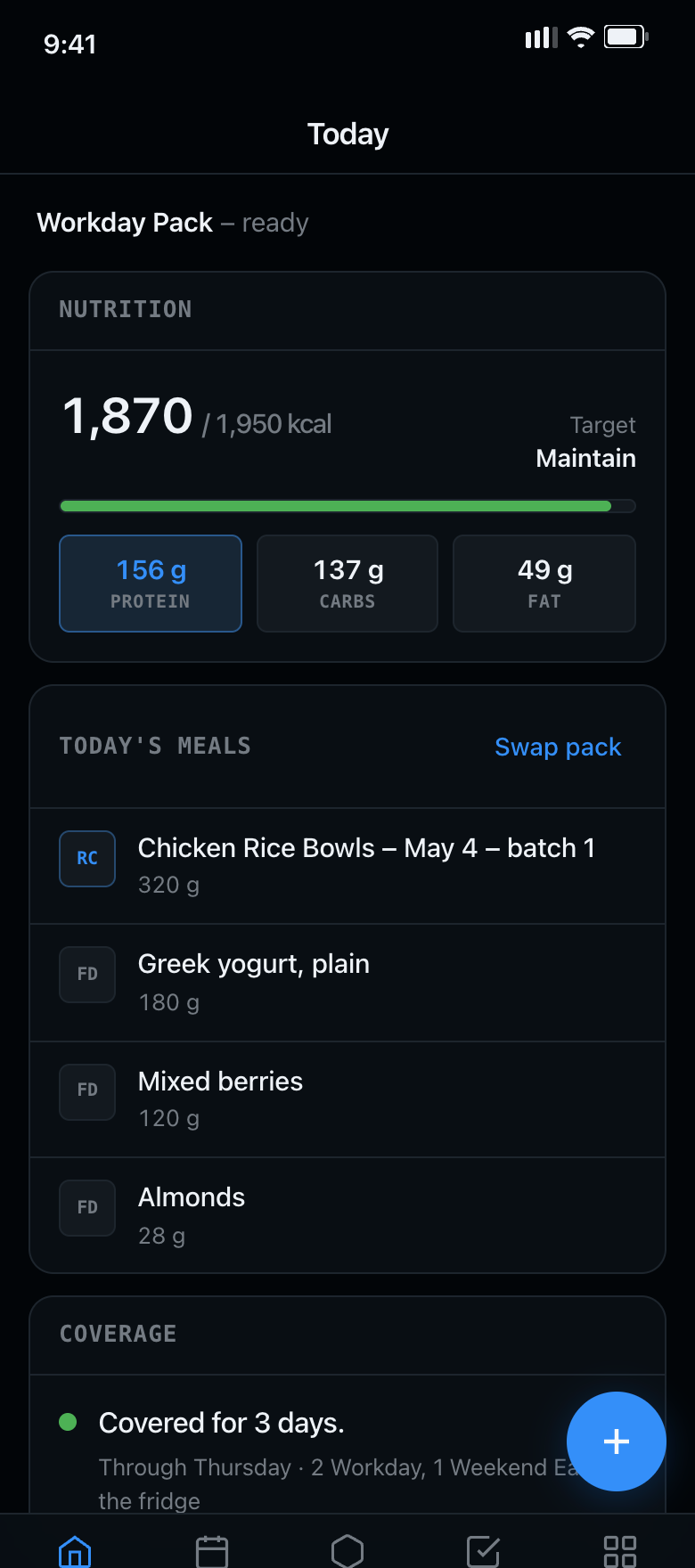 TrackMaxima Prep Today screen showing calories against target